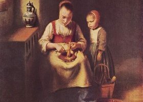 Femme épluchant des betteraves, avec un enfant auprès d'elle Femme épluchant des betteraves, avec un enfant auprès d'elle