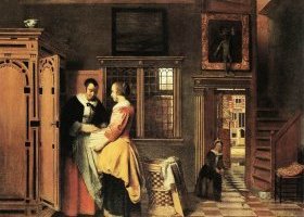 Intérieur avec deux femmes près d'une armoire à linge
