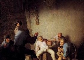 Paysans boivent et écoutent la musique dans la grange 